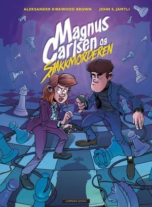 Omslag: "Magnus Carlsen og sjakkmorderen" av Aleksander Kirkwood Brown